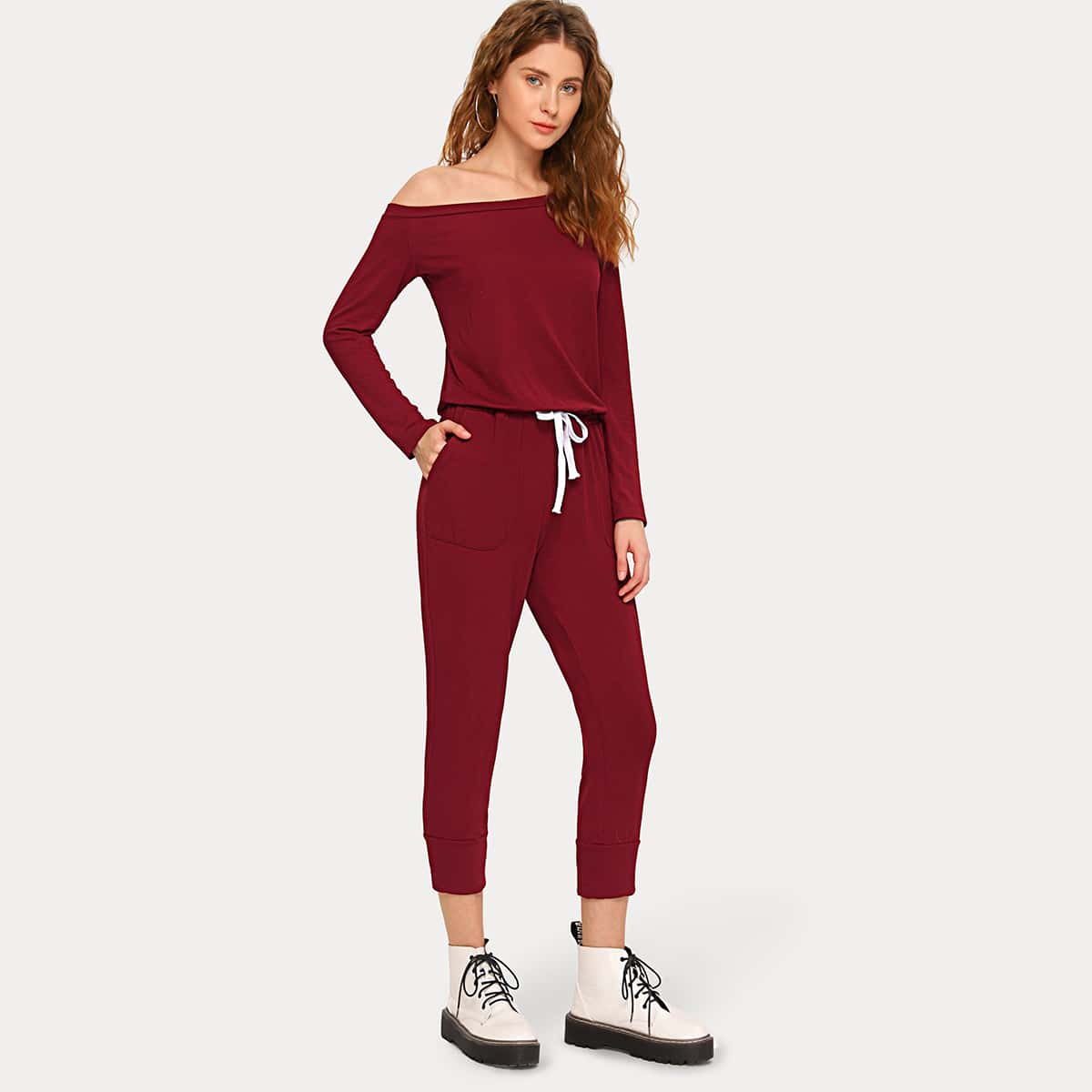 

Asymmetrical Shoulder Drawstring Waist Jumpsuit, Burgundy