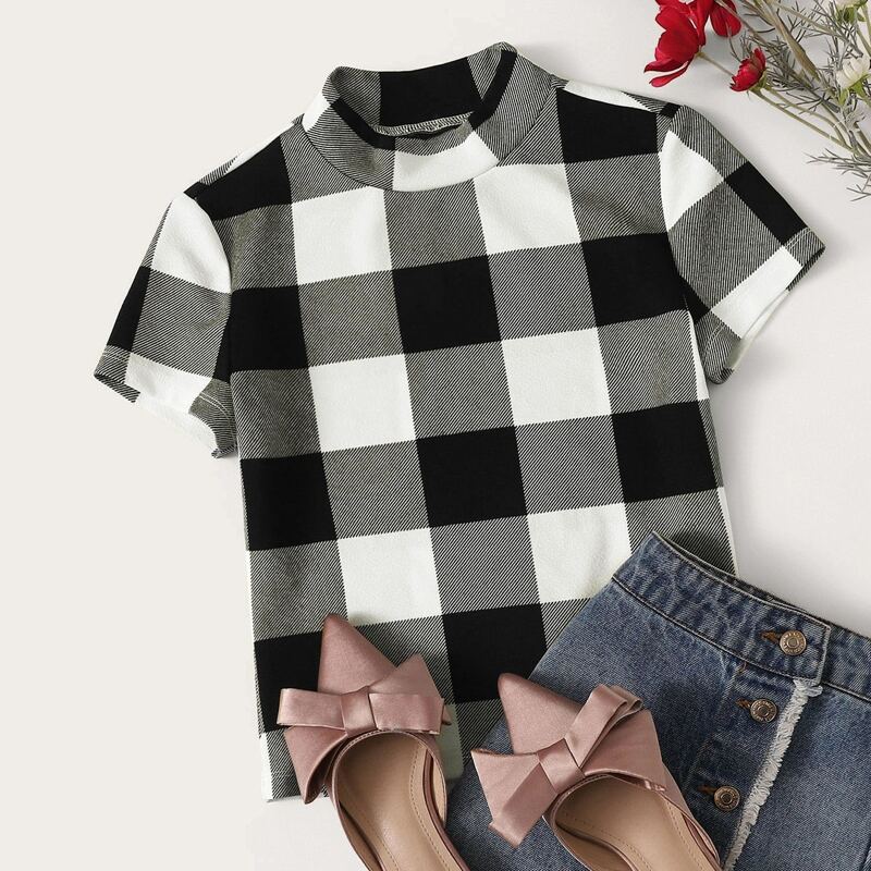 

Buffalo Plaid Mock Neck Top, Black and white