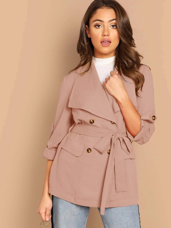 

Double Breasted Roll Up Sleeve Belted Coat, Pink, Christen Harper