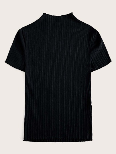Camiseta tejida de canalé de cuello alto con ribete de lechuga