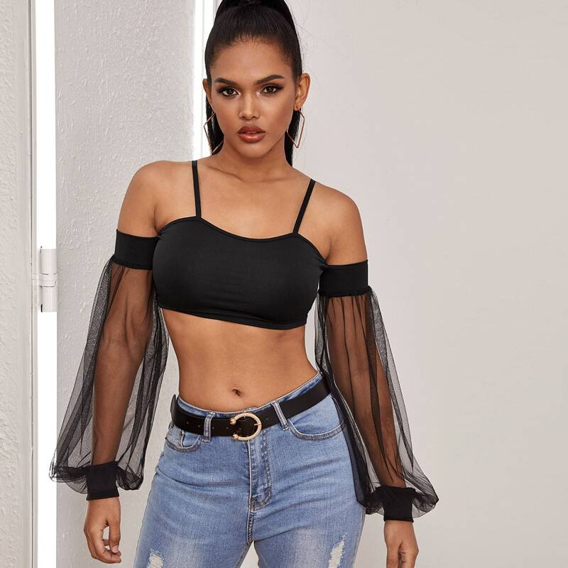 

Sheer Mesh Bishop Sleeve Super Crop Top, Black