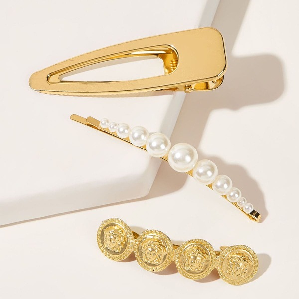 

3pcs Faux Pearl & Coin Decor Hair Clip, Gold