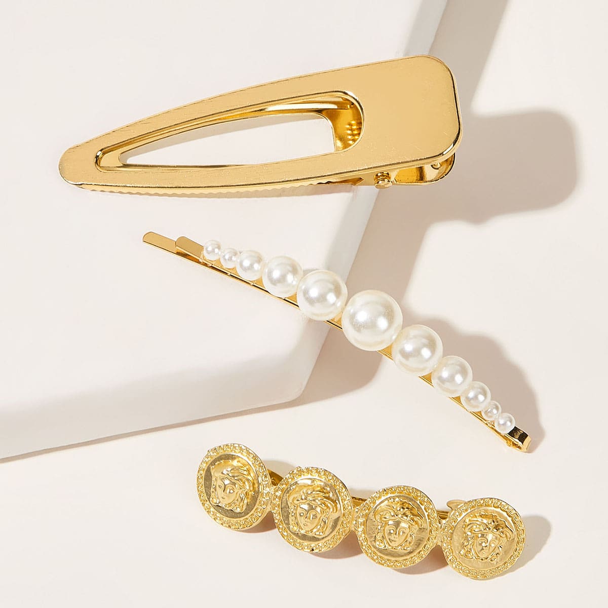 3pcs Faux Pearl & Coin Decor Hair Clip, Gold