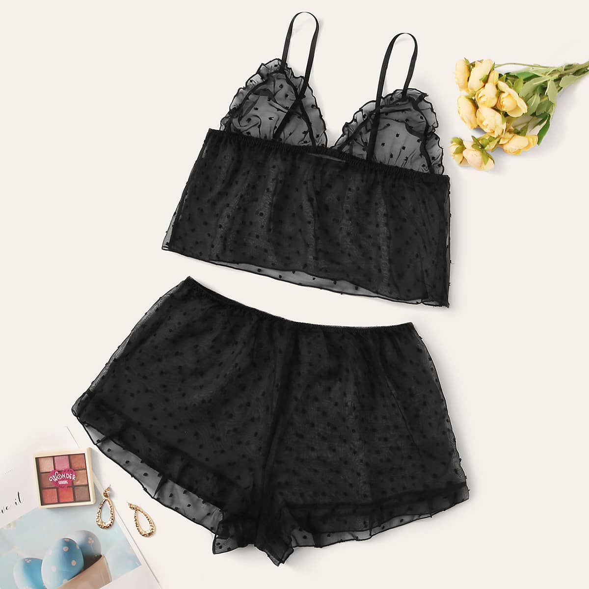 

Polka Dot Sheer Lingerie Set, Black