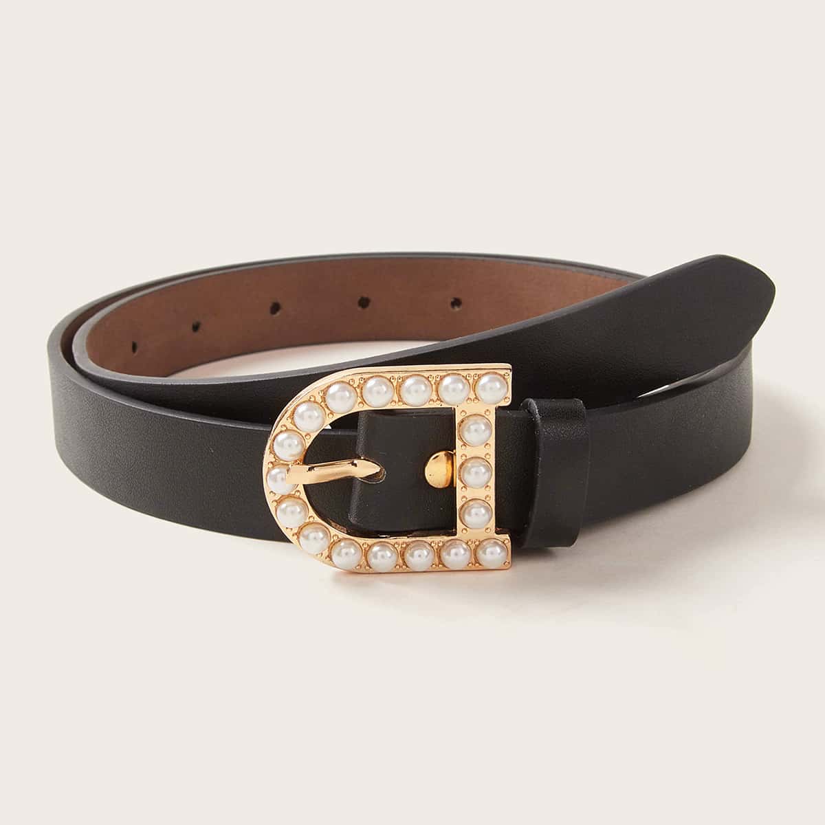 

Faux Pearl Metal Buckle Belt, Black