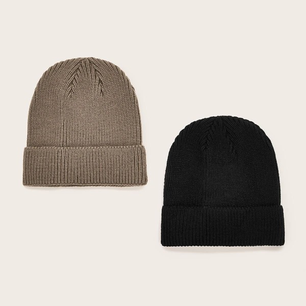 

2pcs Solid Cuffed Beanie, Multicolor