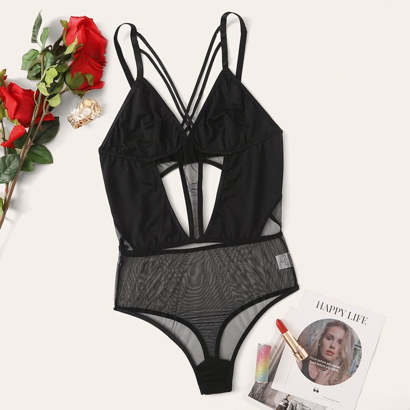 

Contrast Mesh Cutout Harness Lingerie Set, Black