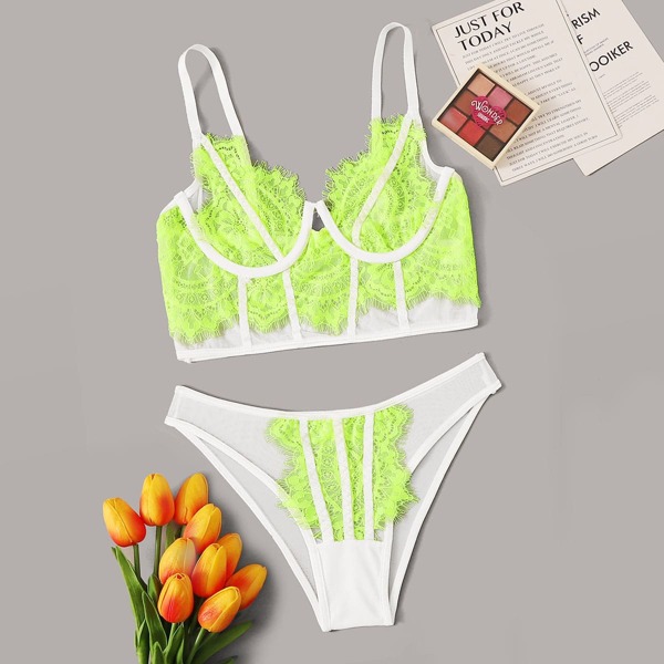 

Eyelash Lace Contrast Binding Lingerie Set, Multicolor