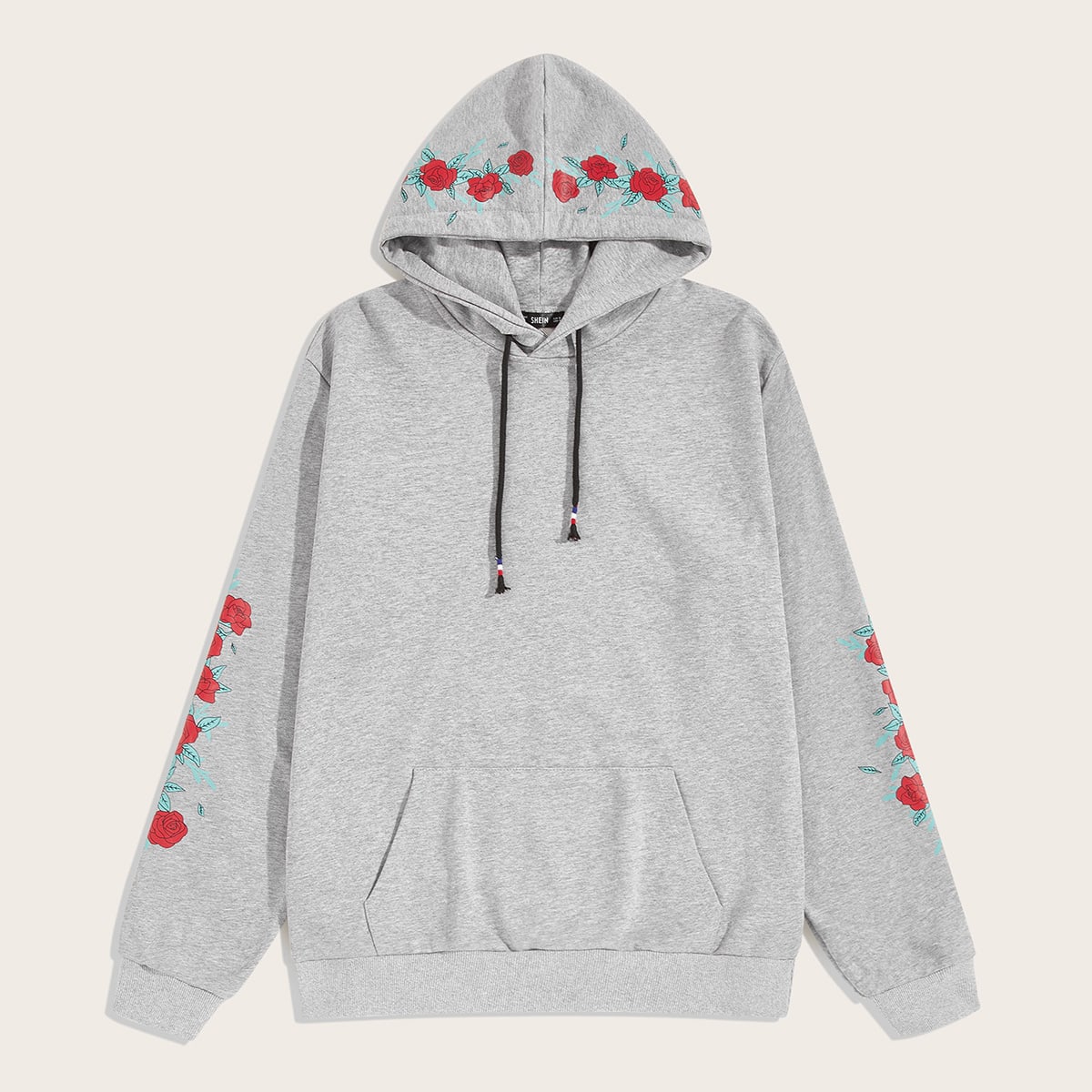 men rose print pocket front hoodie