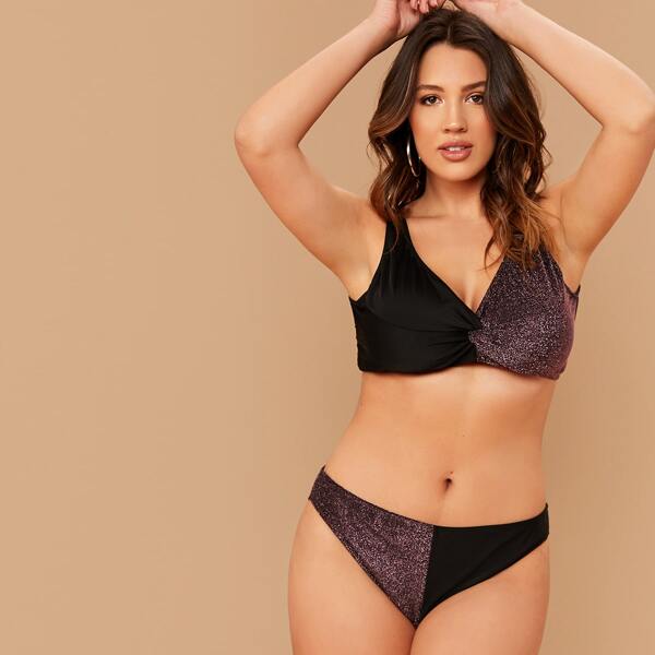

Plus Contrast Glitter Twist Bikini Set, Multicolor