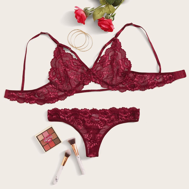 

Floral Lace Lingerie Set, Burgundy
