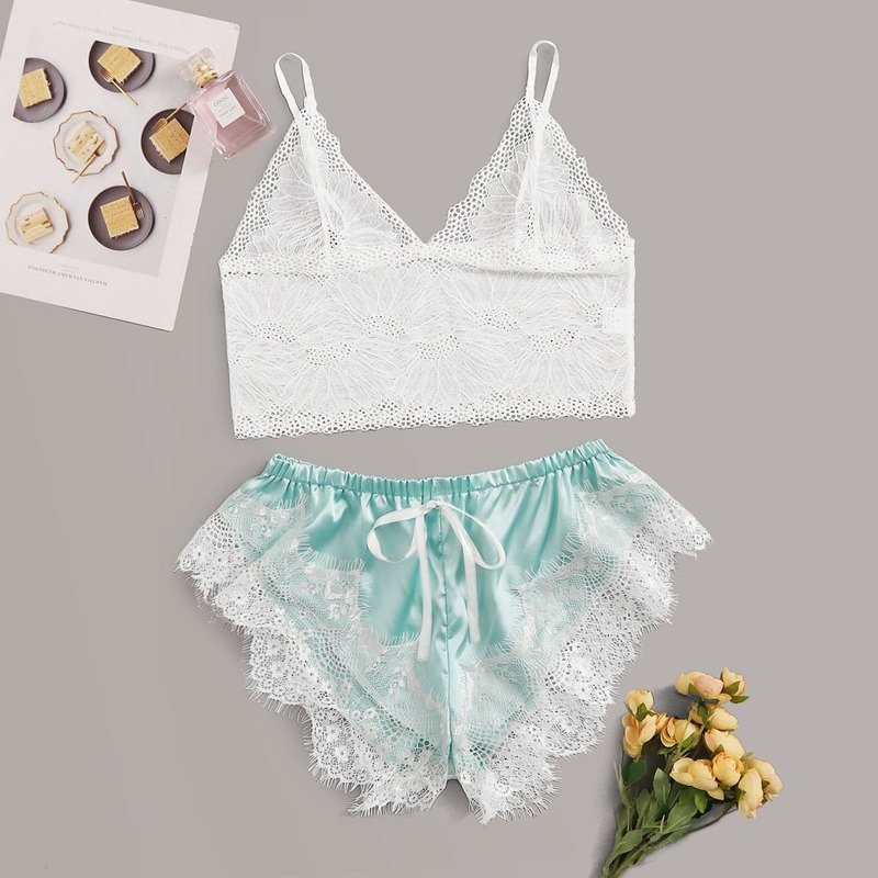 

Floral Lace Top With Lace Trim Satin Shorts Lingerie Set, Multicolor