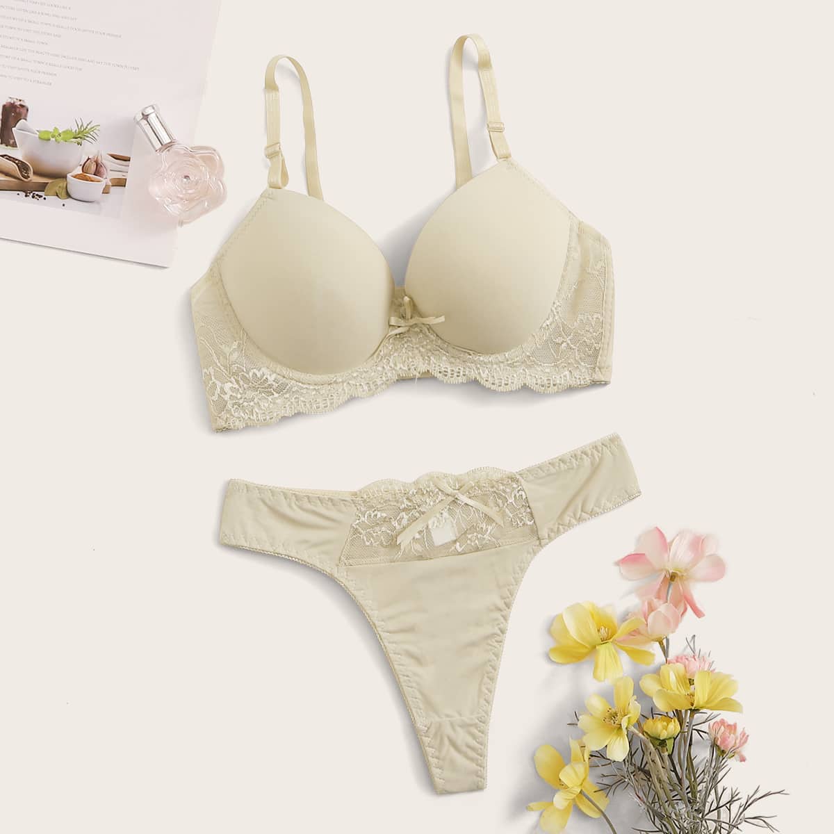 

Contrast Lace Push Up Lingerie Set, Nude