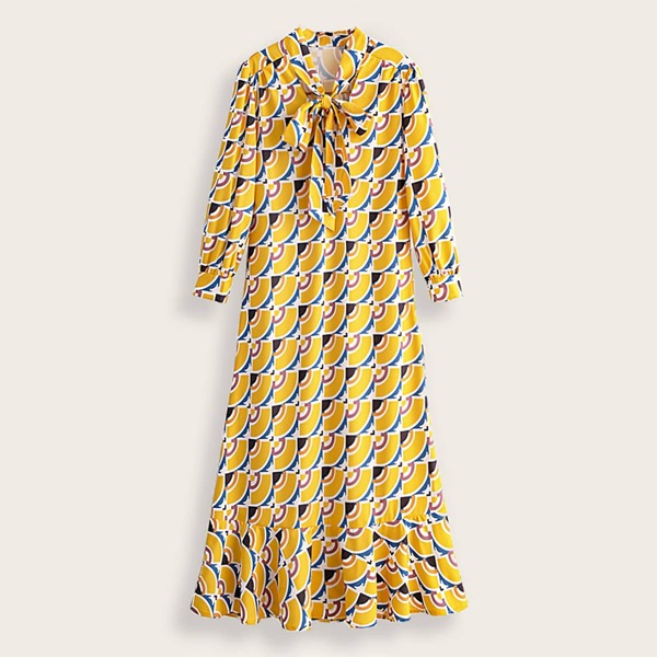 

Tie Neck Ruffle Hem Allover Print Babydoll Dress, Yellow