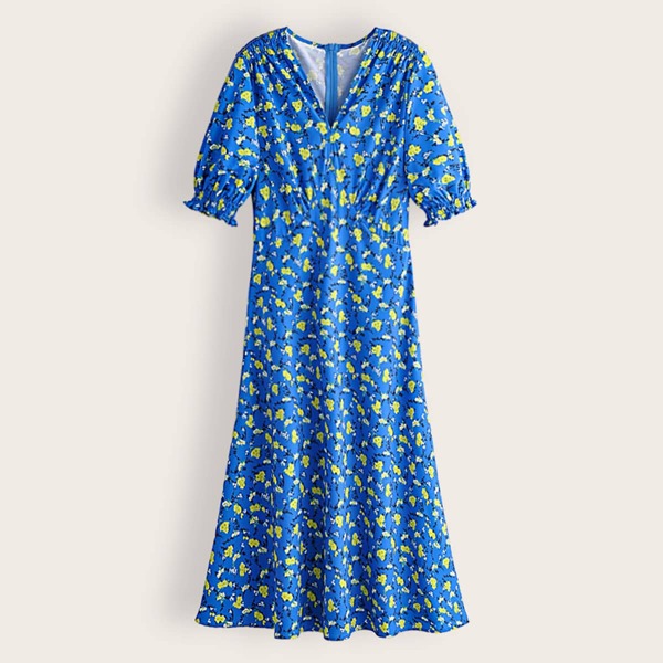 

V-neck Shirred Cuff Ditsy Floral A-line Dress, Blue