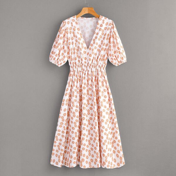 

Bishop Sleeve Shirred Waist Daisy Floral Swing Dress, Multicolor