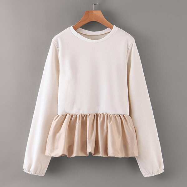 

Contrast Ruffle Hem Round Neck Sweatshirt, Beige