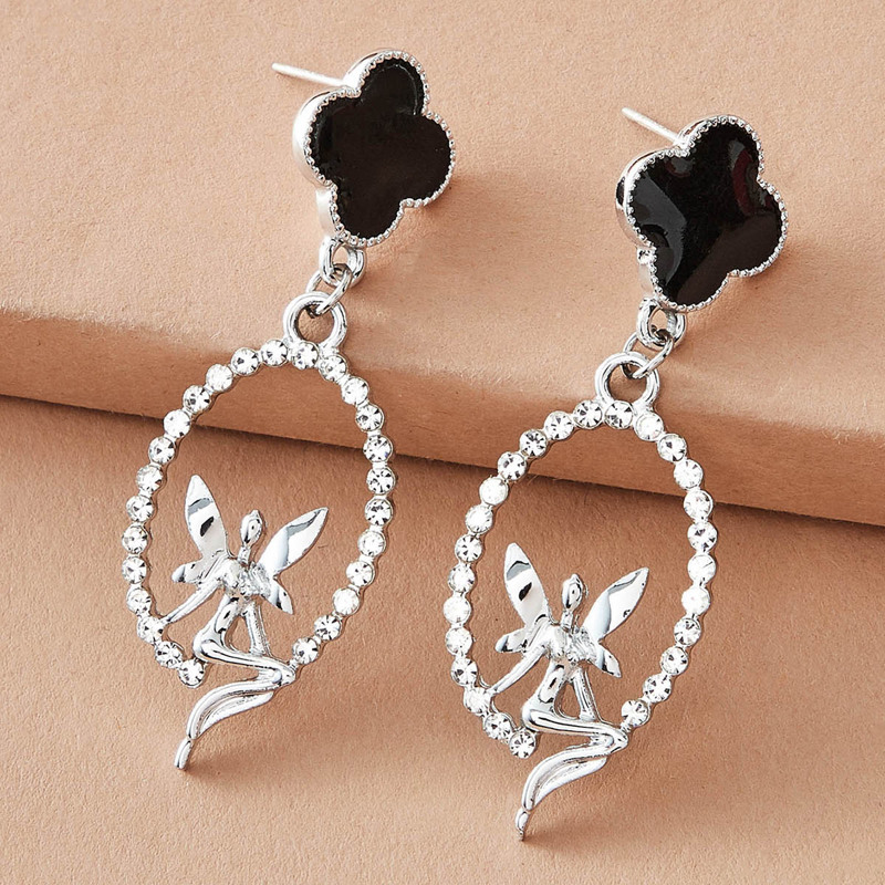 

1pair Clover Decor Rhinestone Engraved Round Drop Earrings, Multicolor