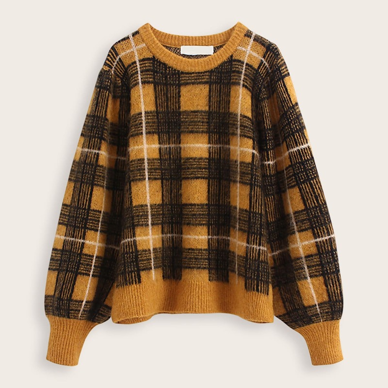 

Balloon Sleeve Plaid Pattern Sweater, Multicolor