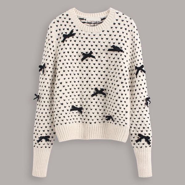 

Bow Decoration Texture Knit Sweater, Beige