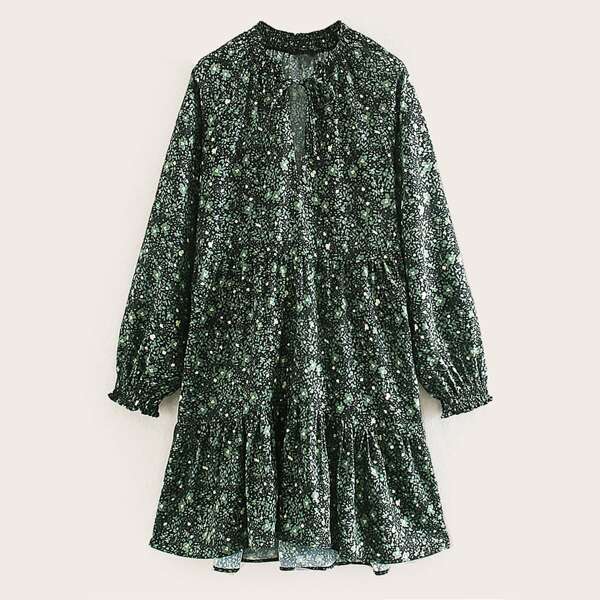 

Shirred Tie Front Ditsy Floral Babydoll Dress, Green