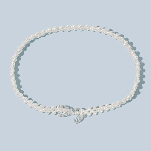 

Faux Pearl Butterfly Waist Chain Belt, Silver