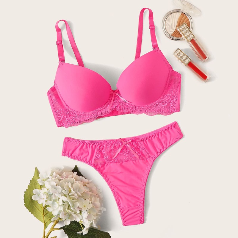 

Neon Pink Contrast Lace Lingerie Set, Pink bright
