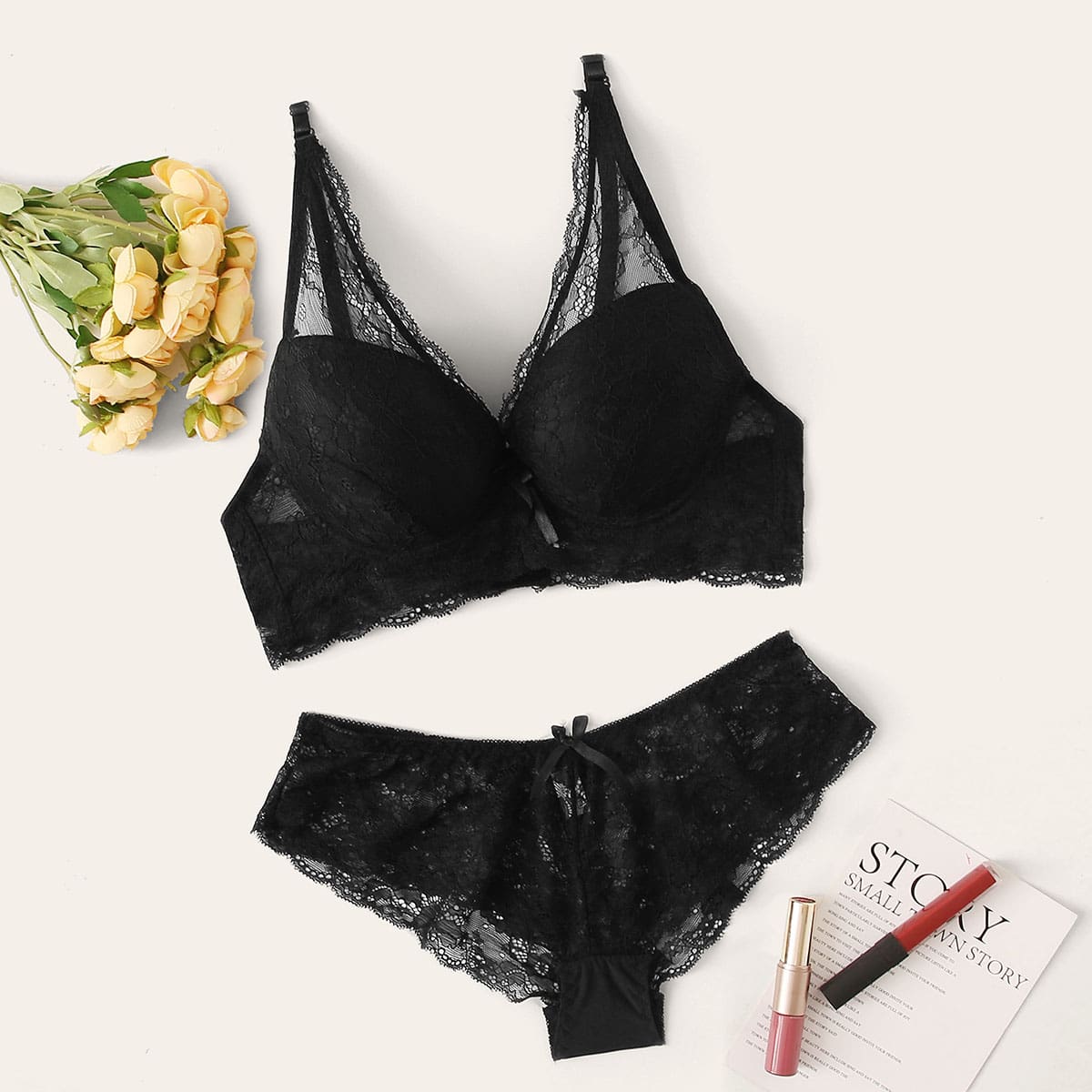 

Floral Lace Harness Lingerie Set, Black