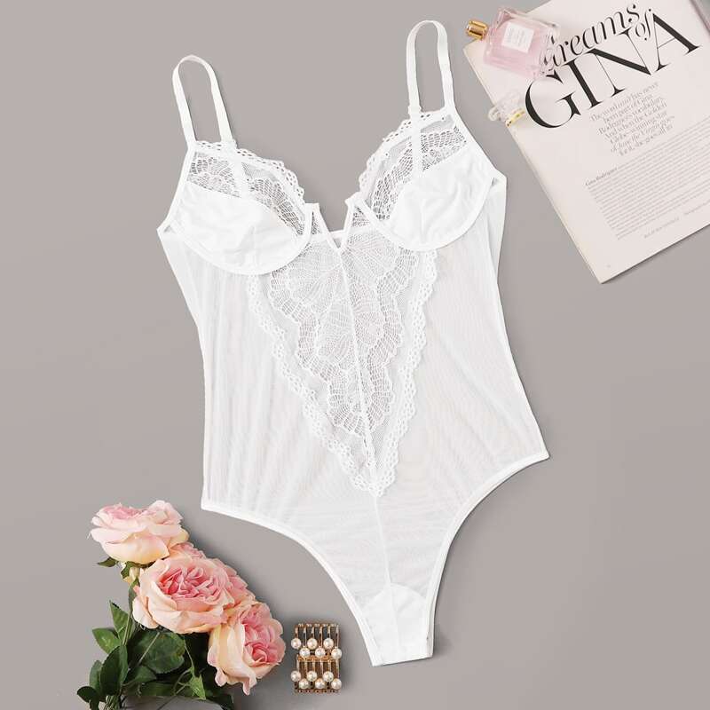 

Contrast Lace Sheer Teddy Bodysuit, White