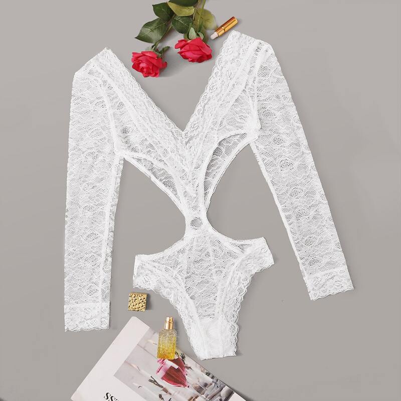 

Floral Lace Cutout Teddy Bodysuit, White
