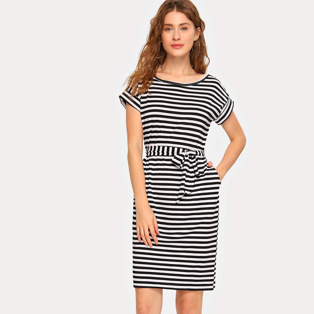 

Striped Self Tie Tee Dress, Black and white