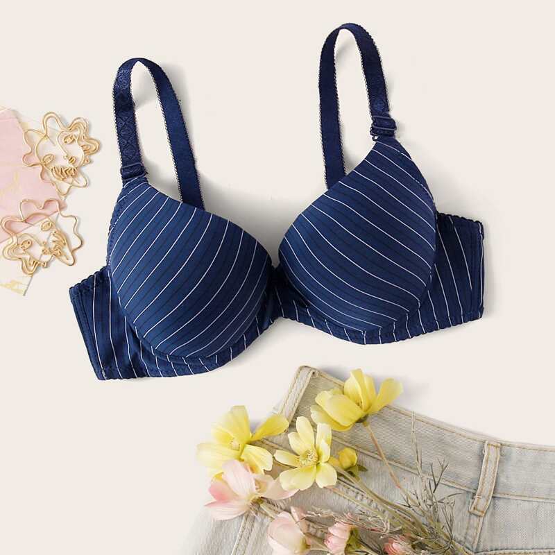 

Striped Pattern Underwire Bra, Navy blue