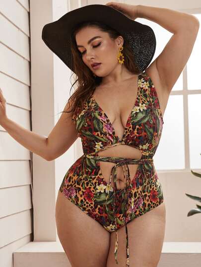 Plus Leopard & Floral Backless One Piece Swim