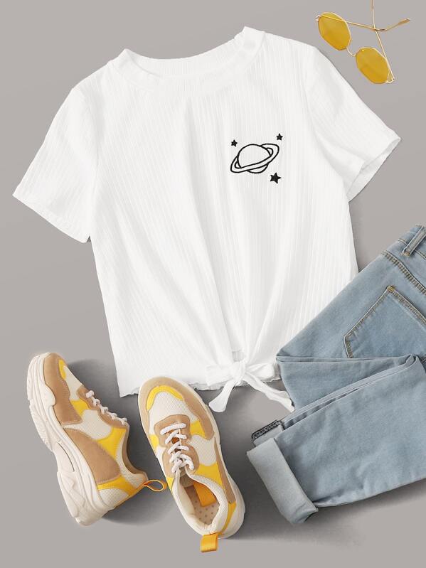 

Saturn Embroidered Tie Hem Rib-knit Tee, White