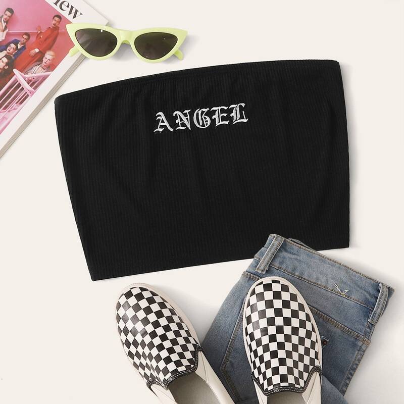 

Letter Embroidery Rib-knit Tube Top, Black
