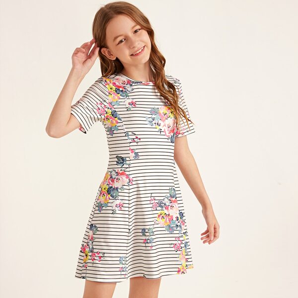 

Girls Striped & Floral Print A-line Dress, Multicolor