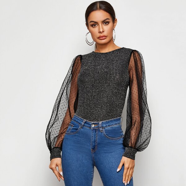 

Dobby Mesh Lantern Sleeve Glitter Slim Top, Black