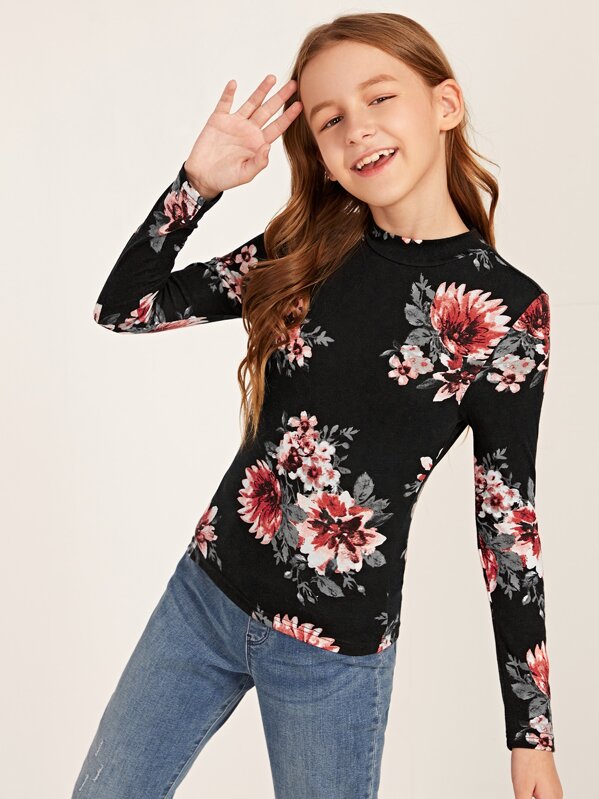 Girls Mock-Neck Floral Print Top, Black, Sashab