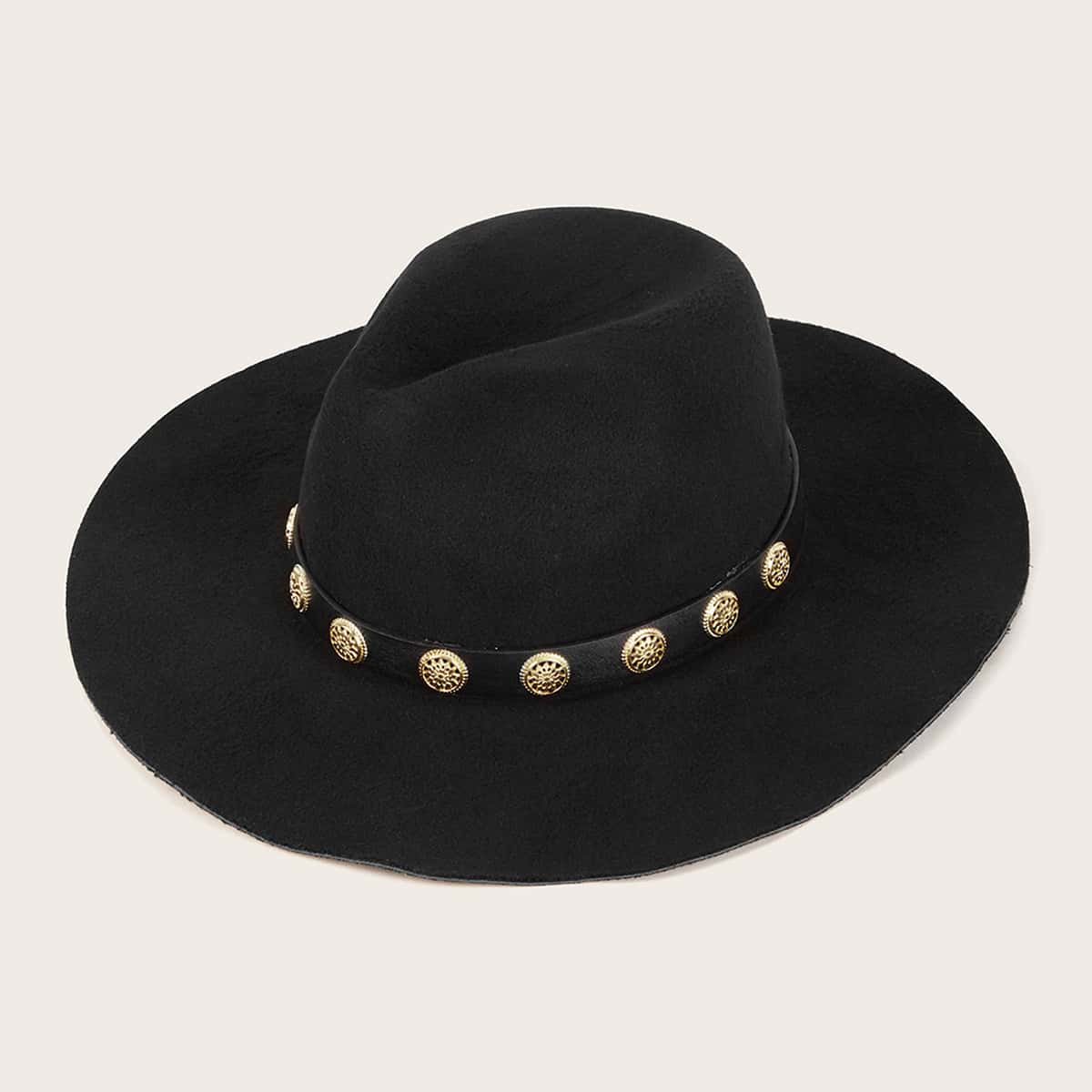 

Metallic Flower Belt Decor Fedora Hat, Black