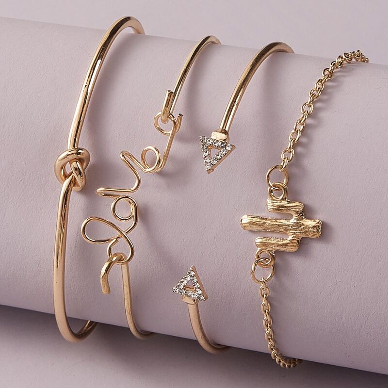 

4pcs Rhinestone Engraved & Cactus Bracelets, Gold