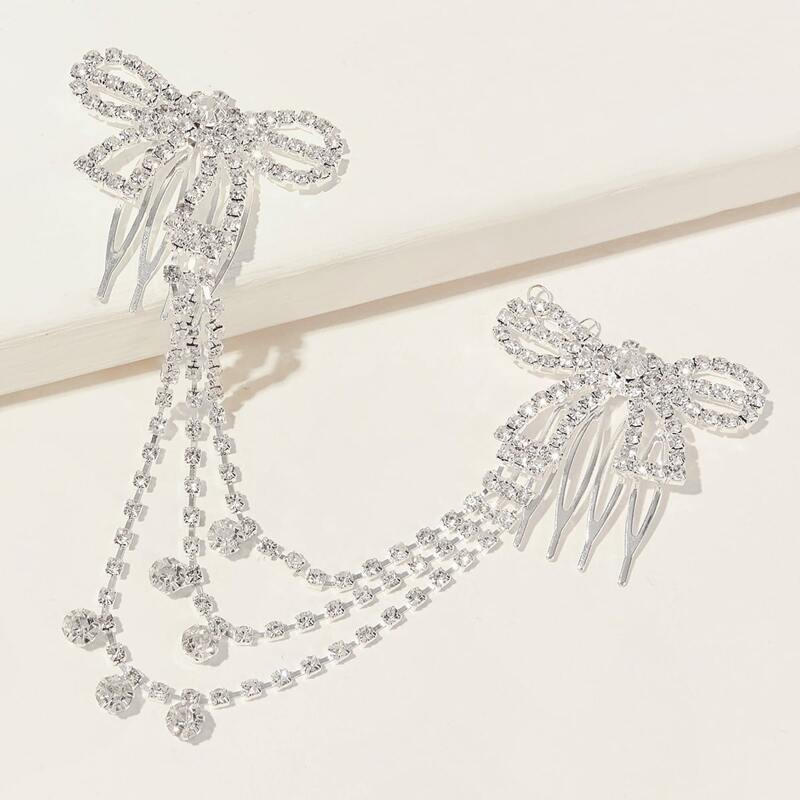 

1pc Rhinestone Engraved Bow Knot Hair Chain, Silver