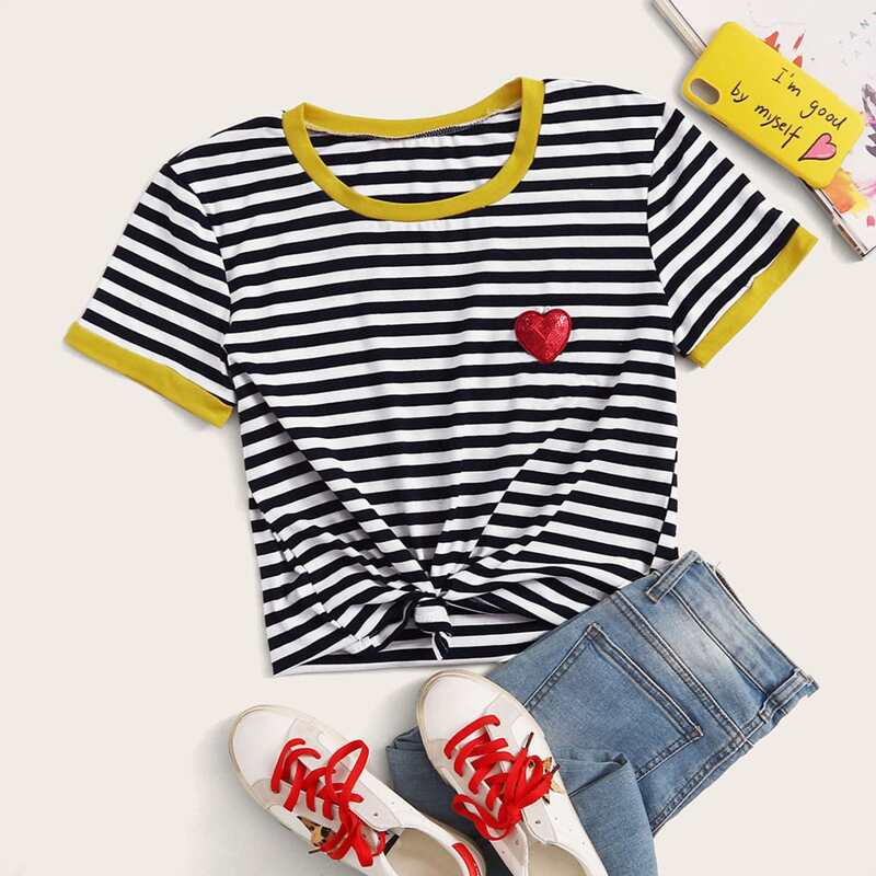 

Striped Heart Patched Ringer Tee, Multicolor