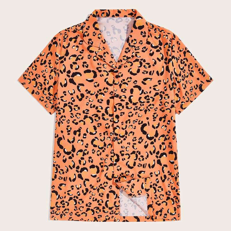 

Guys Leopard Print Button Up Shirt, Orange