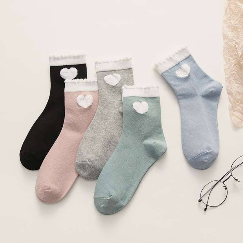 

5pairs Heart Pattern Socks, Multicolor