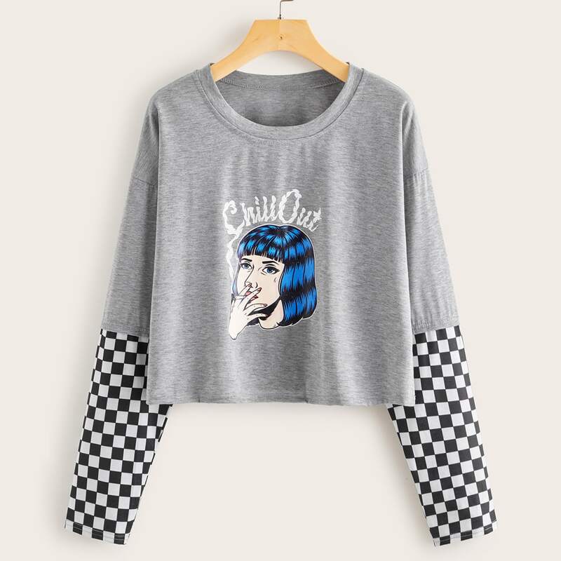 

Figure Graphic Checkered Panel Tee, Grey