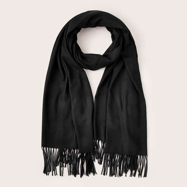 

Men Solid Fringe Hem Scarf, Black