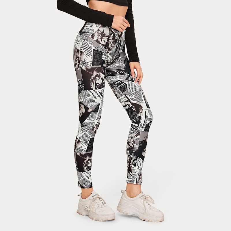 

Newspaper Print Elastic Waist Leggings, Black and white
