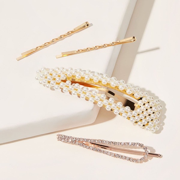 

4pcs Rhinestone Engraved Faux Pearl Hair Clip, White