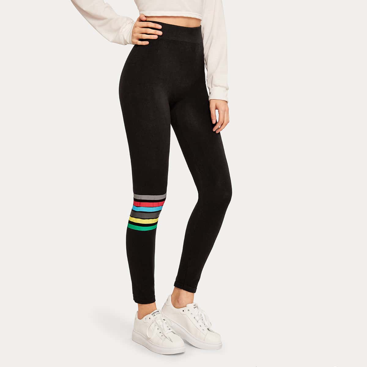 

Striped Wideband Waist Leggings, Black