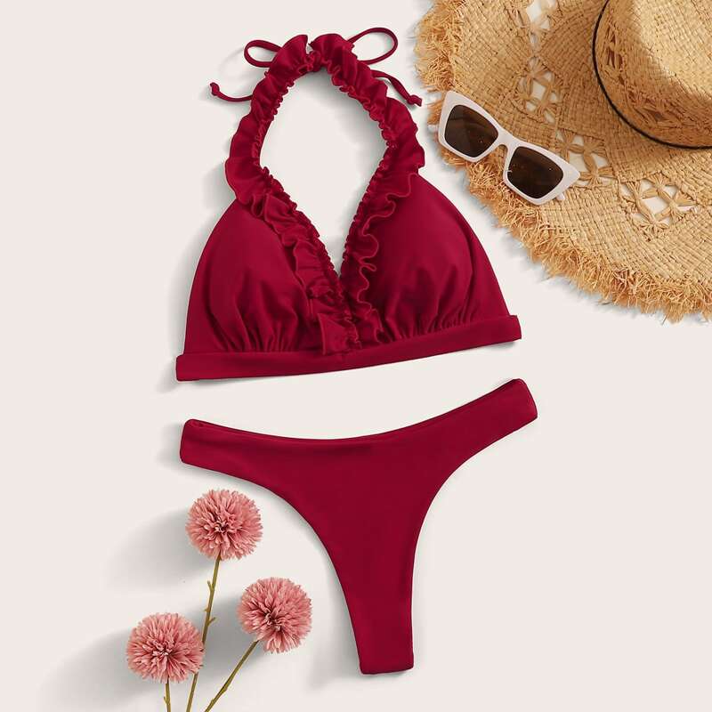

Solid Ruffle Halter Bikini Set, Red